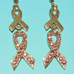 PINK RIBBON Gold Tone Pink Crystal Ear…